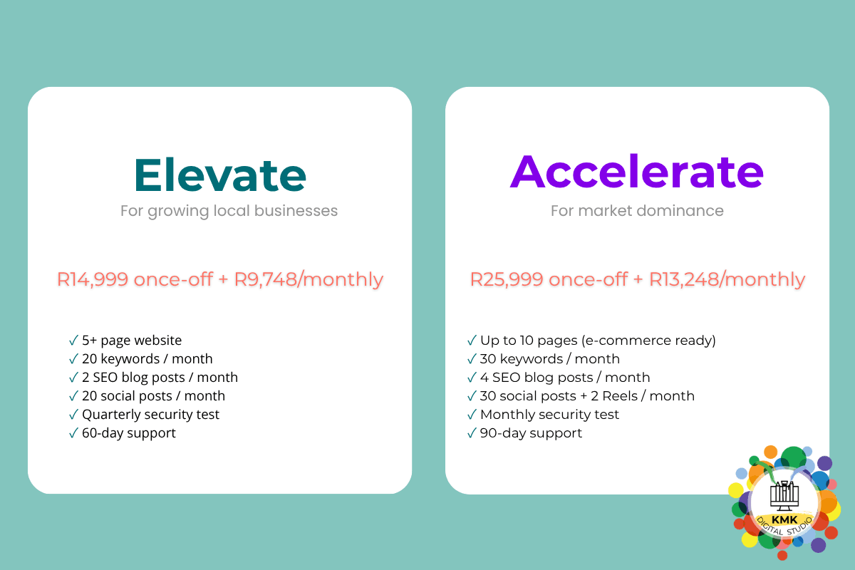 Elevate vs Accelerate website packages comparison table KMK Digital Studio