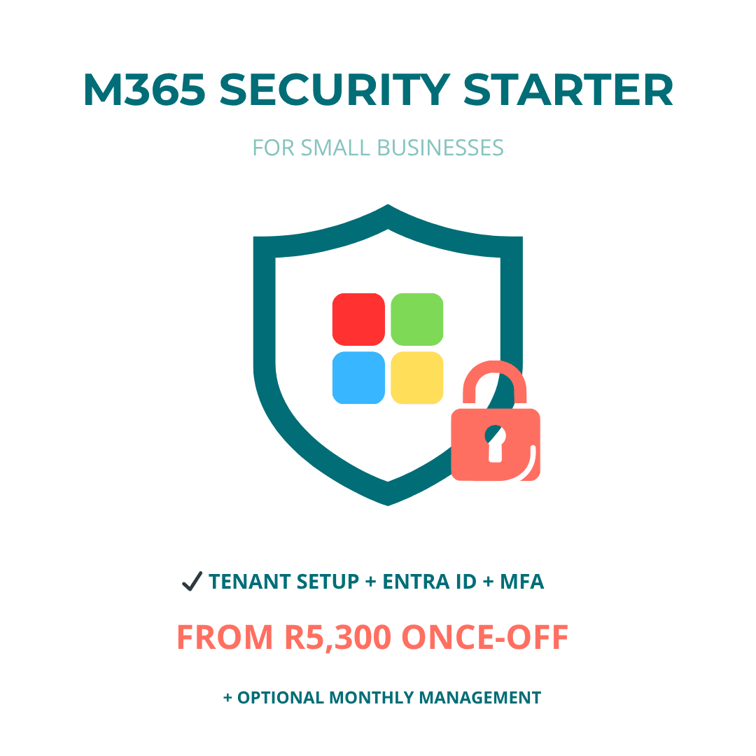 M365 Security Starter bundle – Tenant Setup, Entra ID, MFA. From R5,300 once-off for up to 50 users. KMK Digital Studio.